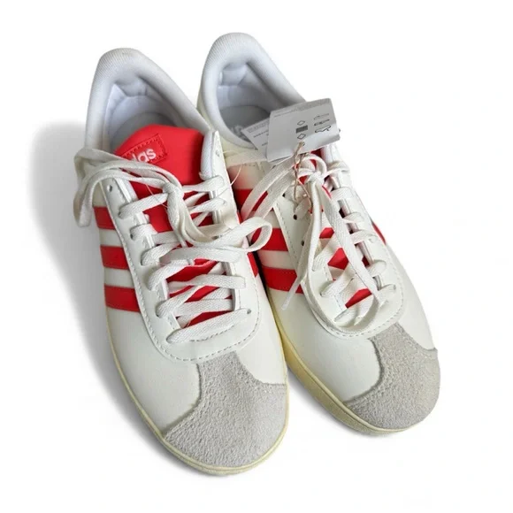 NWT! ADIDAS VL COURT BASE TENNIS SHOES Size 7.5 Cloud White / Coral/Red - Picture 2 of 6